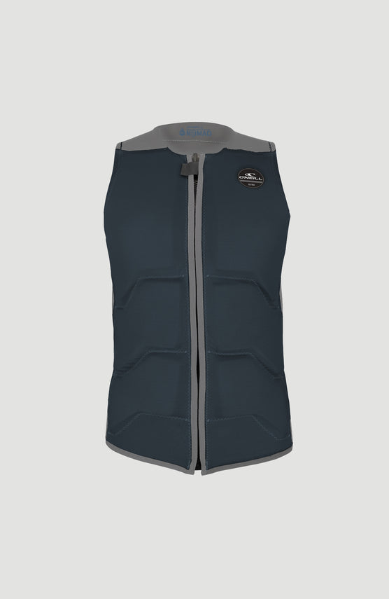O'Neill Nomad Comp Vest Prallschutzweste für Herren, blau, freigestellt von vorne mit Reißverschluss und Logo-Patch