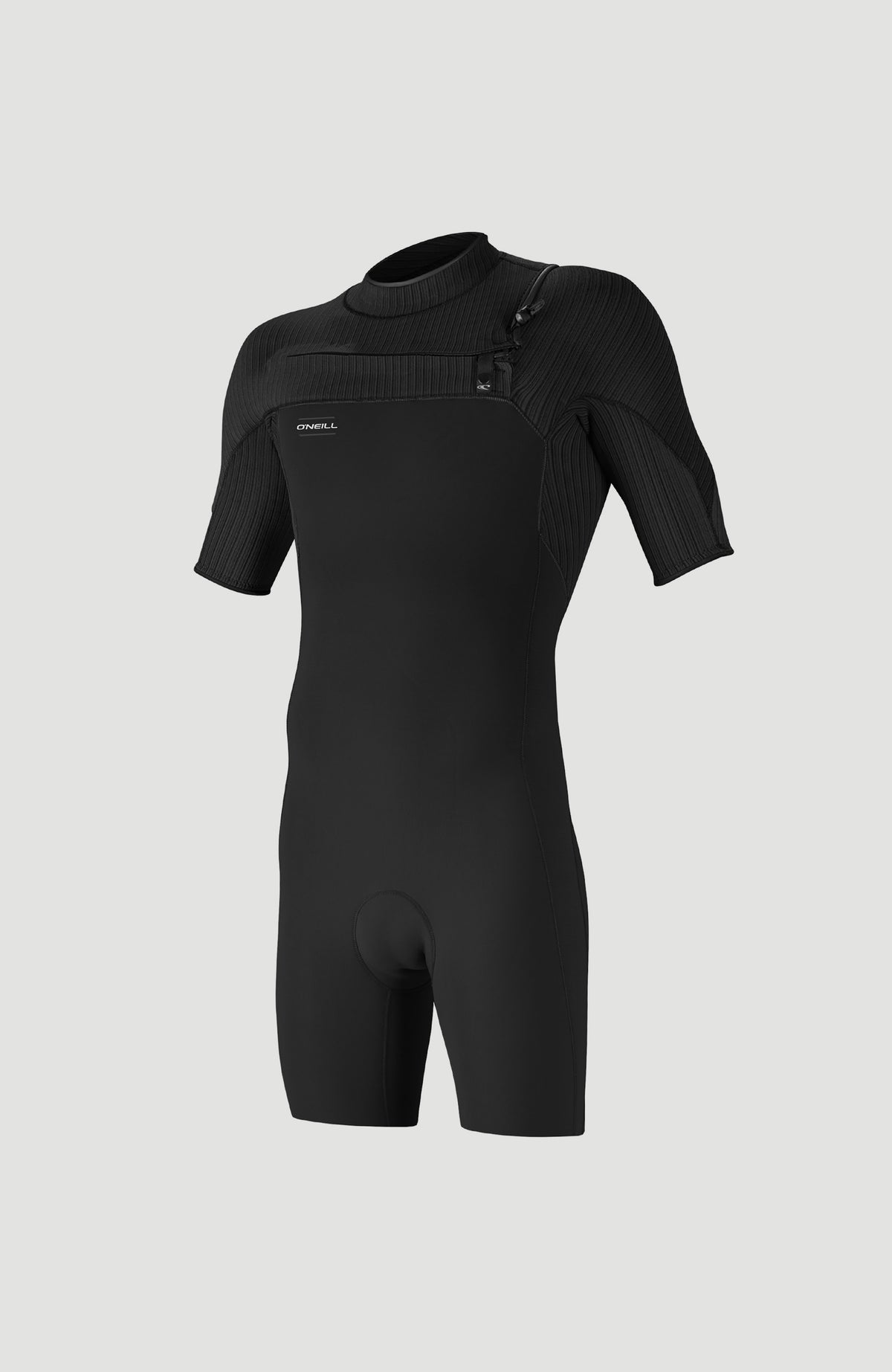 O'Neill Hyperfreak 2mm Chest Zip Shortsleeve Spring Wetsuit Neoprenanzug für Herren, schwarz, freigestellt von vorne