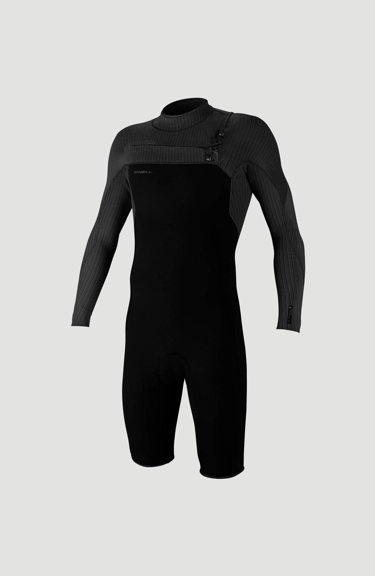 O'Neill Hyperfreak 2mm Chest Zip Longsleeve Spring Wetsuit für Herren, schwarz, freigestellt von vorne