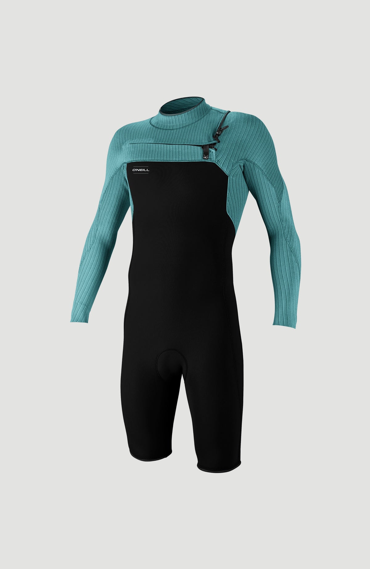 O'Neill Hyperfreak 2mm Chest Zip Longsleeve Spring Wetsuit für Herren, schwarz, freigestellt in der Vorderansicht