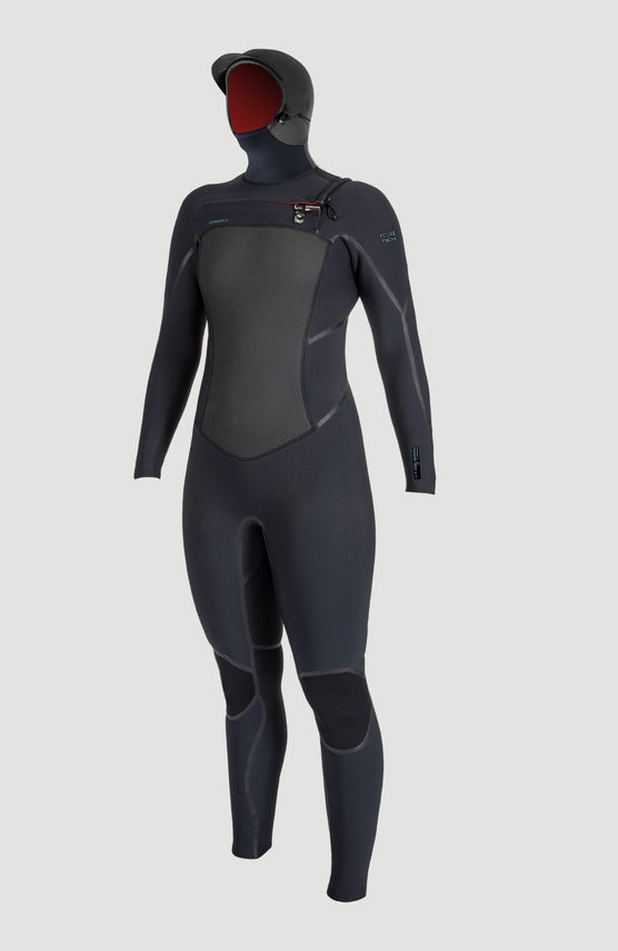 O'Neill Psycho Tech 6/4mm Chest Zip Full Wetsuit mit Haube für Damen, schwarz, freigestellt von vorne
