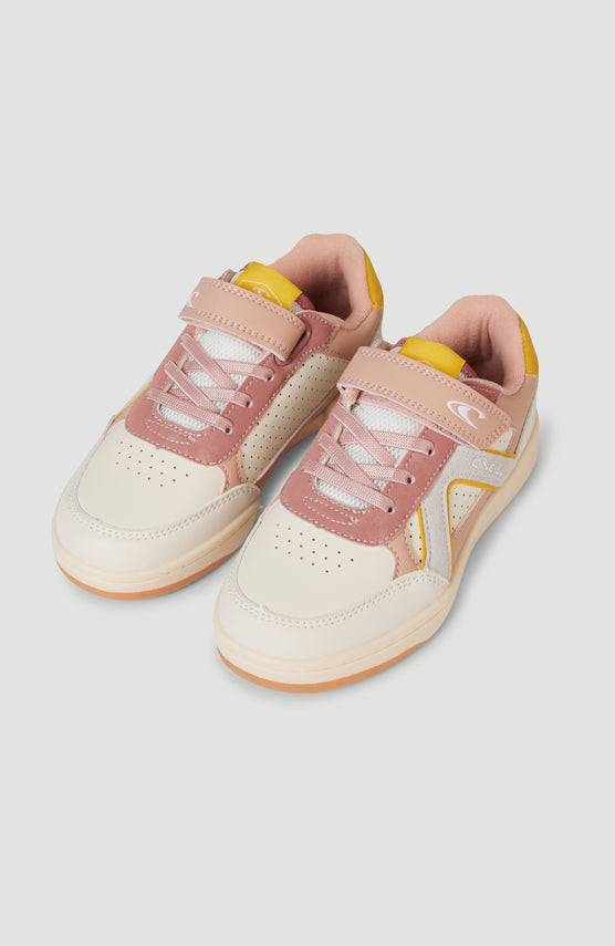O'Neill GULFPORT LOW Sneaker Junior für Mädchen, beige, freigestellt von schräg oben mit Schnürung und Klettverschluss