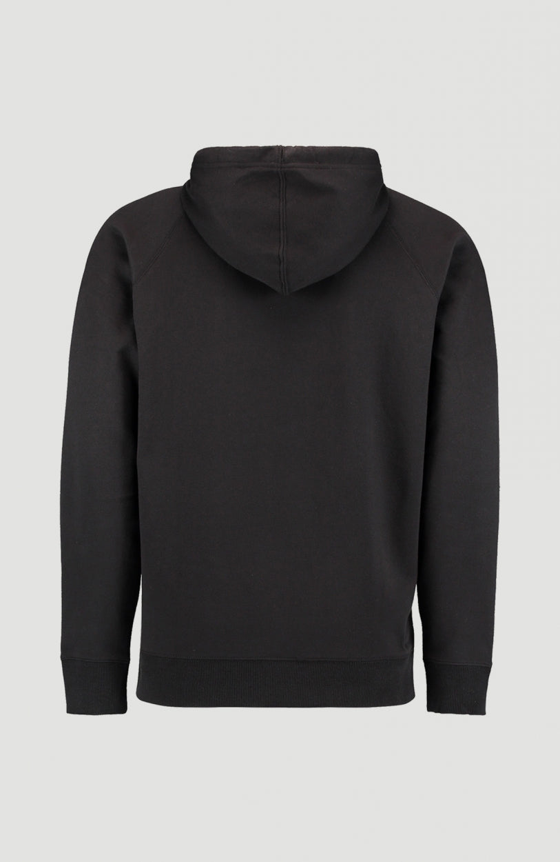 Kapuzenpullover für Herren, schwarz, freigestellt von hinten mit Kapuze und geripptem Saum