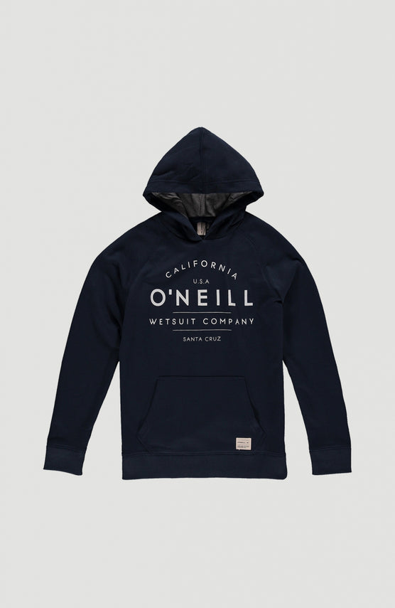 O'Neill Kapuzenpullover für Jungen, blau mit Logo-Print in Weiß, flach liegend von vorne mit Kängurutasche