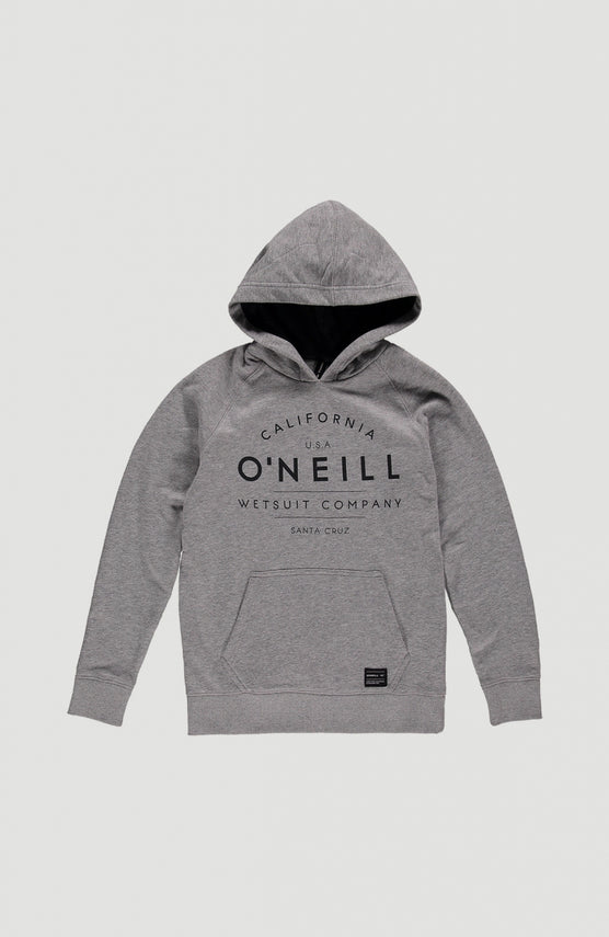 O'Neill Kapuzenpullover für Jungen, grau mit Logo-Print in Schwarz, flach liegend von vorne mit Kängurutasche
