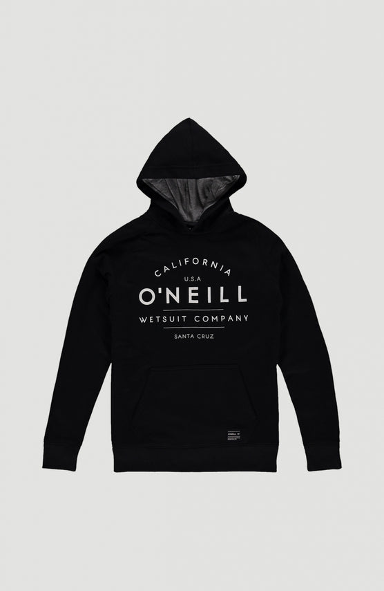 O'Neill Kapuzenpullover für Jungen, schwarz mit Logo-Print in Weiß, flach liegend von vorne mit Kängurutasche