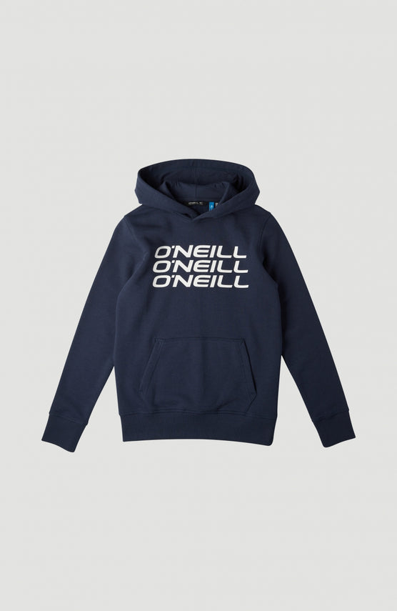 O'Neill Kapuzenpullover für Jungen, blau mit Logo-Print in Weiß, flach liegend von vorne mit Kängurutasche