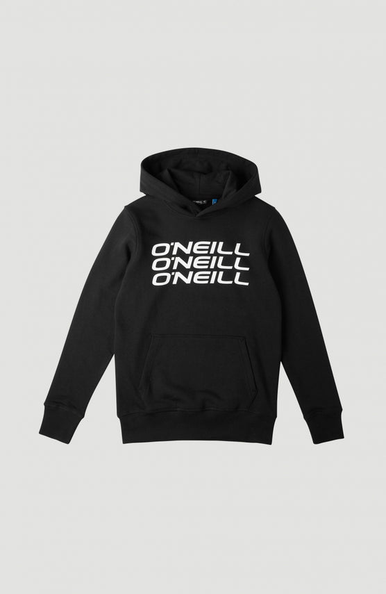 O'Neill Kapuzenpullover für Jungen, schwarz mit Logo-Print in Weiß, flach liegend von vorne mit Kängurutasche