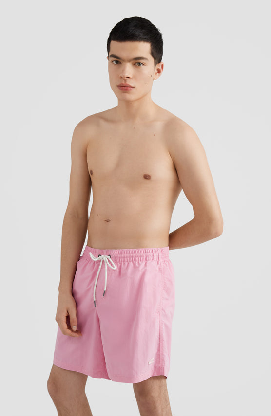 O'Neill Vert Badehose für Herren in Pink, Vorderansicht am Model mit elastischem Bund und weißem Kordelzug