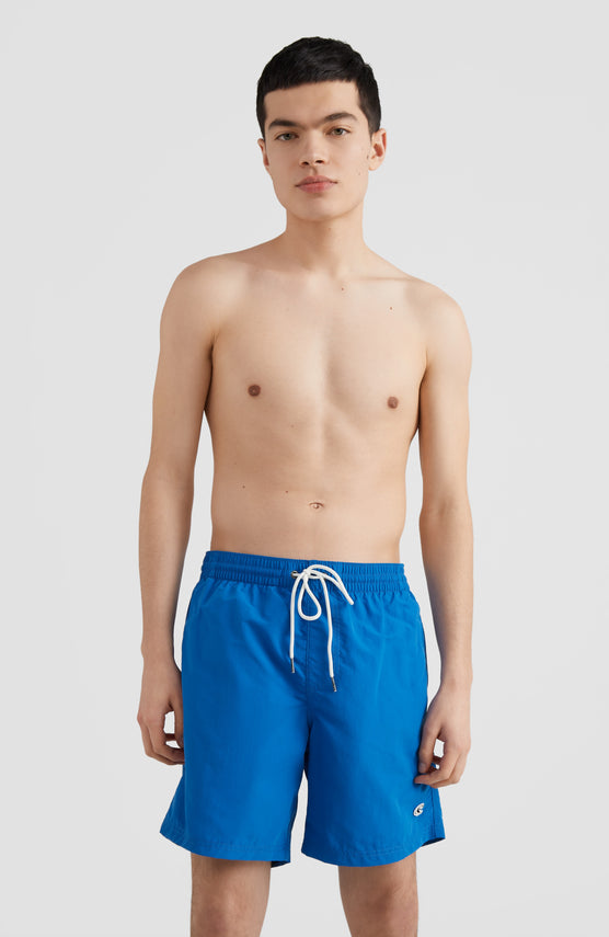 O'Neill Vert Badehose für Herren, blau, Vorderansicht am Model, mit elastischem Bund und weißem Kordelzug