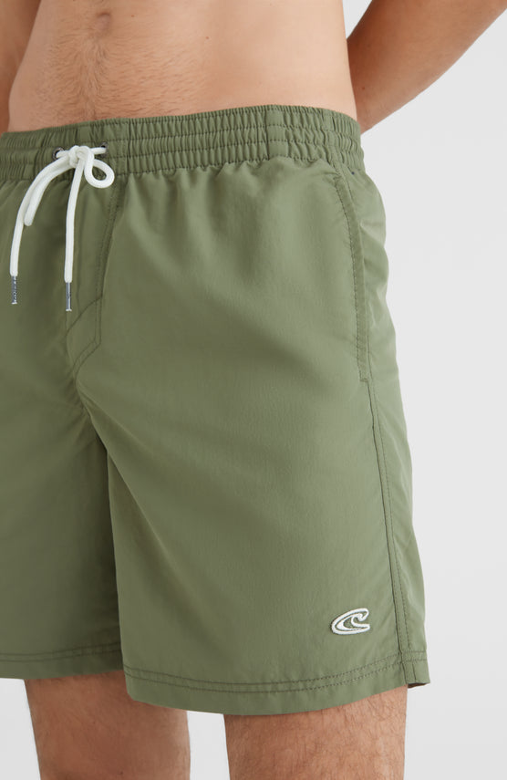 O'Neill Vert Badehose für Herren, grün, Nahaufnahme am Model mit Kordelzug und Logo-Stickerei am Saum