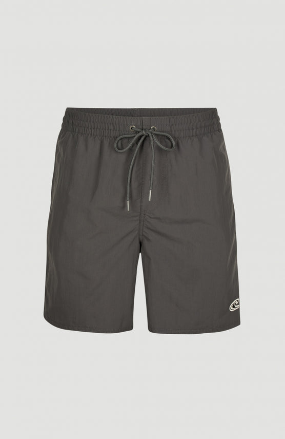 O'Neill Vert Badehose für Herren, grau, flach liegend von vorne, elastischer Bund mit Kordelzug und Logo-Print