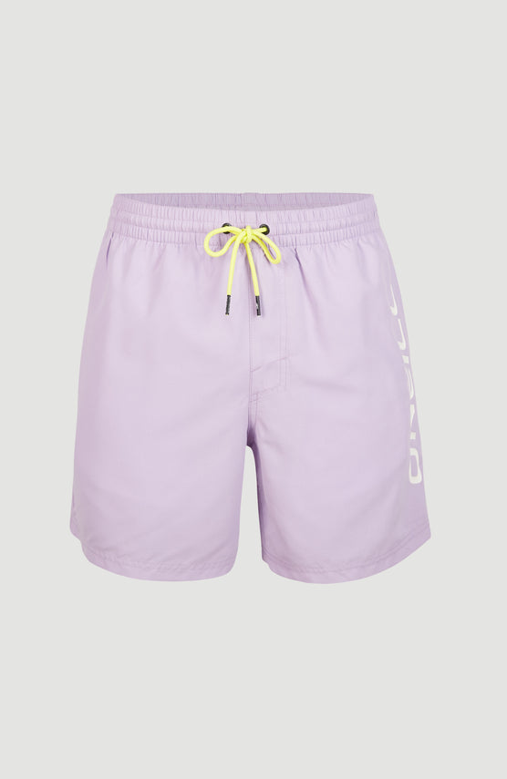 O'Neill Cali Schwimmhose für Herren, lila mit Logo-Print in Weiß, freigestellt von vorne, Kordelzug am Bund