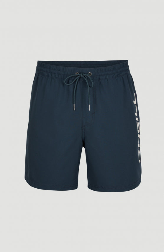 O'Neill Cali Schwimmhose für Herren, blau mit Logo-Print in Weiß, freigestellt von vorne, Kordelzug am Bund