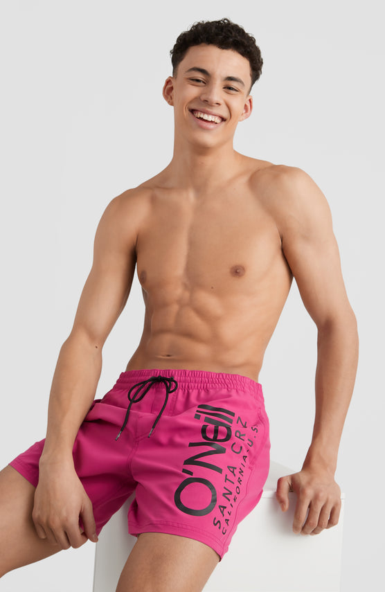 O'Neill Original Cali Schwimmhose für Herren, rot mit Logo-Print in Schwarz, Vorderansicht am Model