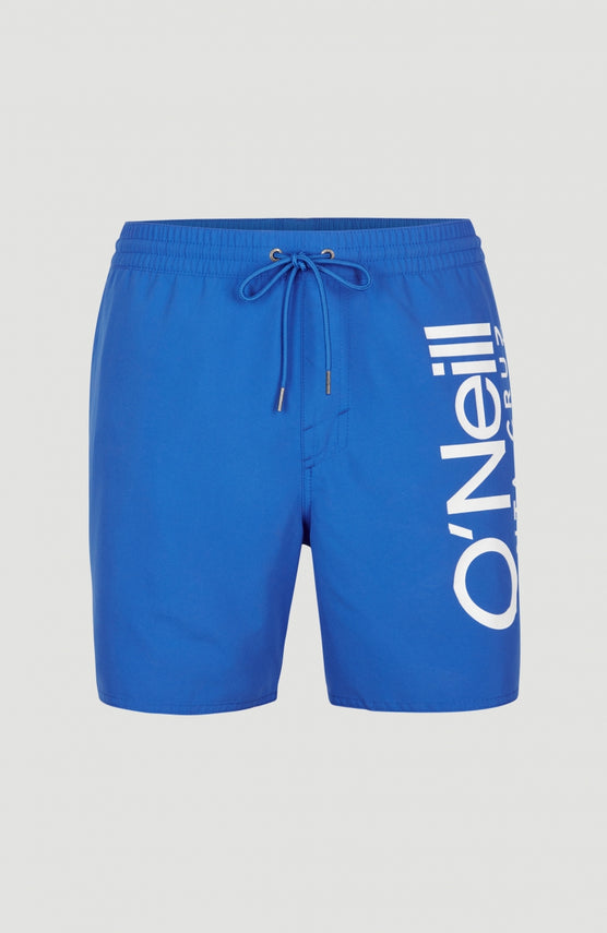 O'Neill Original Cali Schwimmhose für Herren, blau mit Logo-Print in Weiß, Vorderansicht, Bund mit Kordelzug