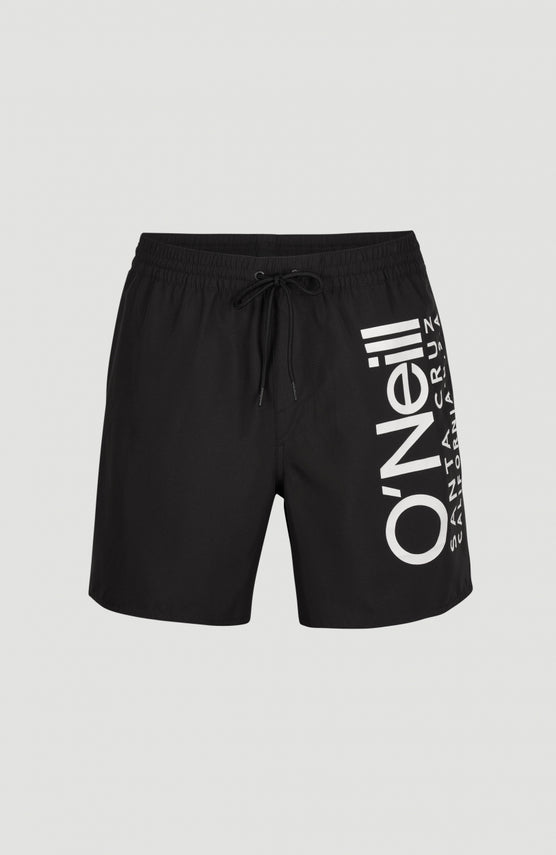 O'Neill Original Cali Schwimmhose für Herren, schwarz mit Logo-Print in Weiß, flach liegend von vorne, Kordelzug am Bund