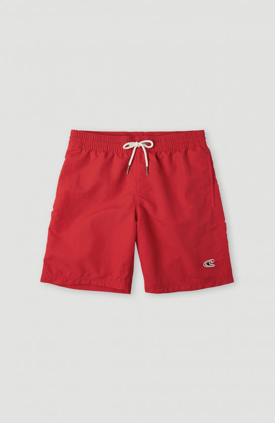 O'Neill Vert Badehose für Jungen, rot, flach liegend von vorne, elastischer Bund mit weißem Kordelzug