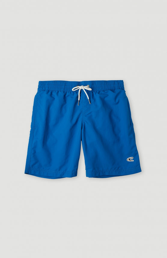 O'Neill Vert Badehose für Jungen, blau, flach liegend von vorne, elastischer Bund mit Kordelzug und Logo am Bein