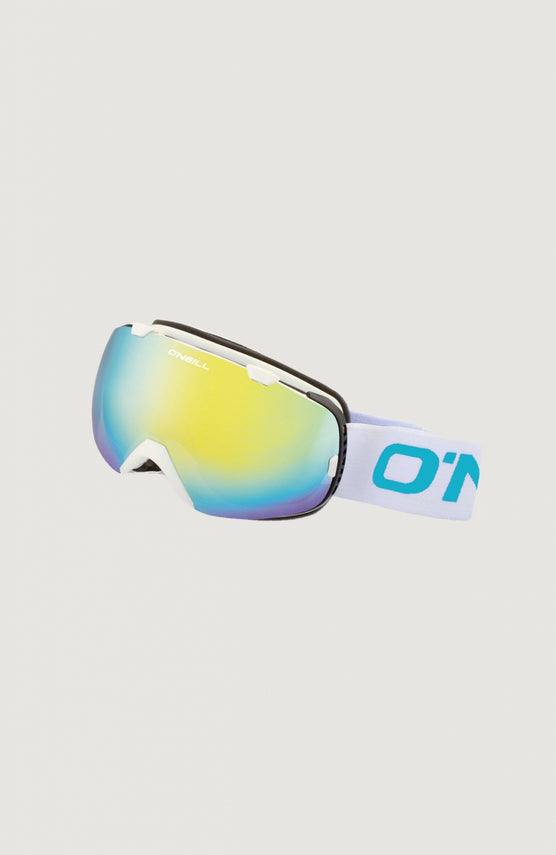 O'Neill Trance Snow Goggles Skibrille für Herren, weiß, freigestellt von schräg vorne mit verstellbarem Band